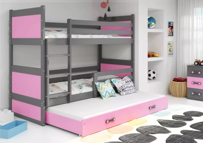 Двуетажно легло FIONA 3 + матрак + решетка БЕЗПЛАТНО, 80x190 cm графит, розово