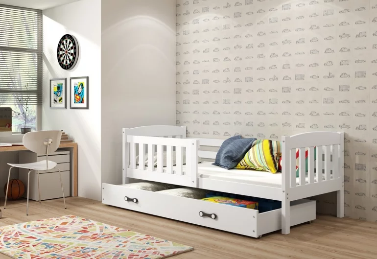 Детско легло FLORENT + МС + матрак + решетка БЕЗПЛАТНО, 90x200, бяло, бяло