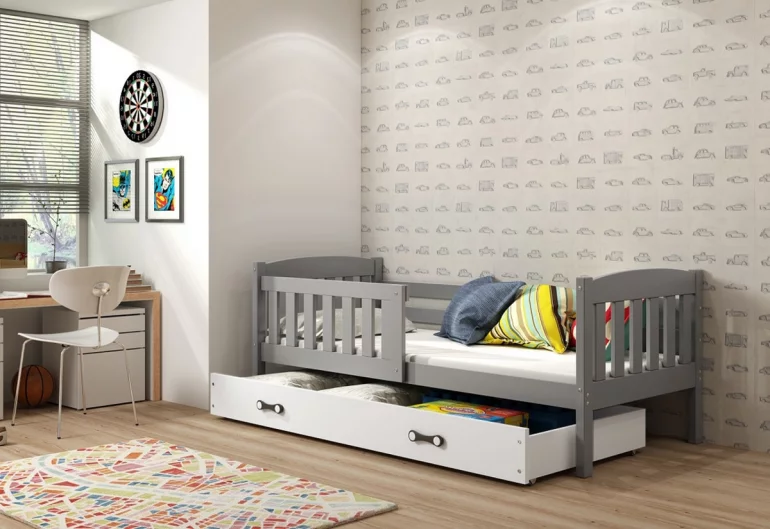 Детско легло FLORENT + МС + матрак + решетка БЕЗПЛАТНО, 90x200, графит, бяло
