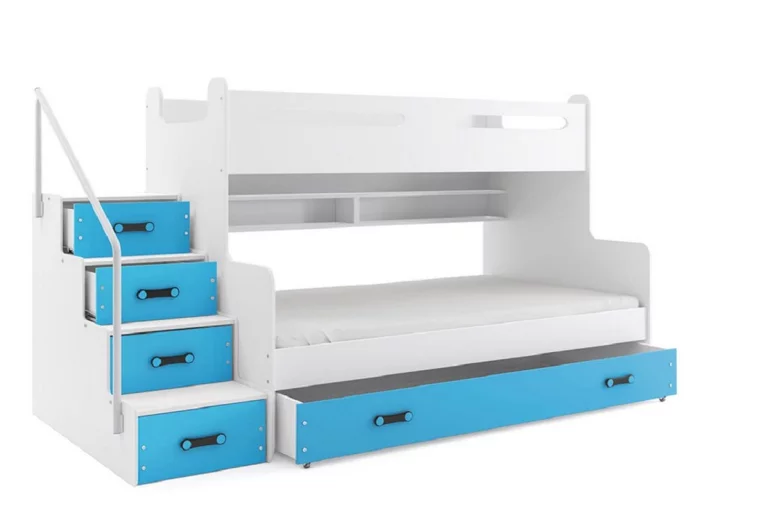 Двуетажно легло XAVER 3 + МС + матрак + решетка БЕЗПЛАТНО, 120x200, бяло, лазурен