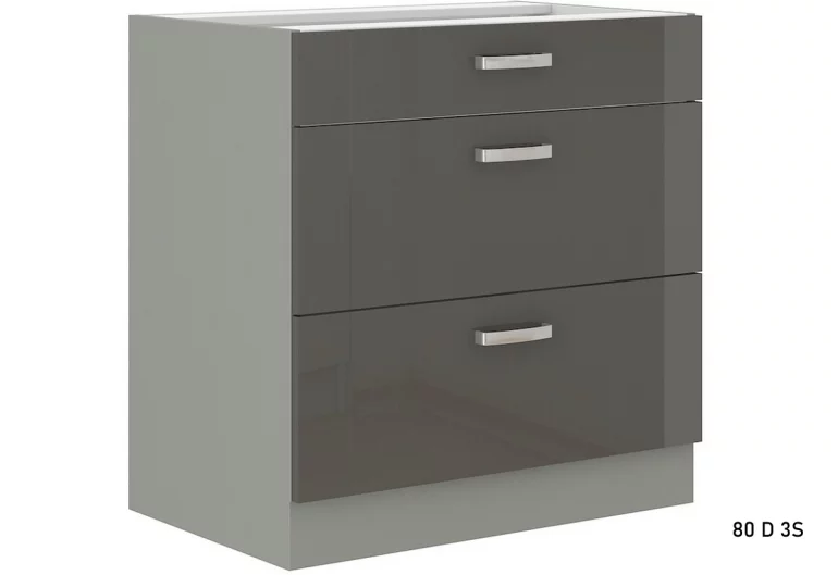 Кухненски шкаф долен с чекмеджета широк GRISS 80 D 3S BB, 80x82x52, сиво/сиво гланц