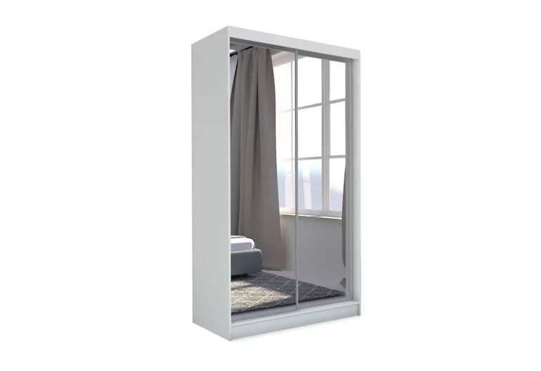 Гардероб с плъзгащи врати и огледало ROBERTA + Безшумна система, 150x216x61, бял