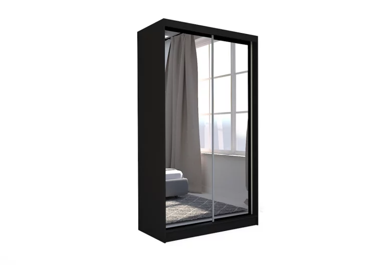 Гардероб с плъзгащи врати и огледало ROBERTA + Безшумна система, 150x216x61, черен