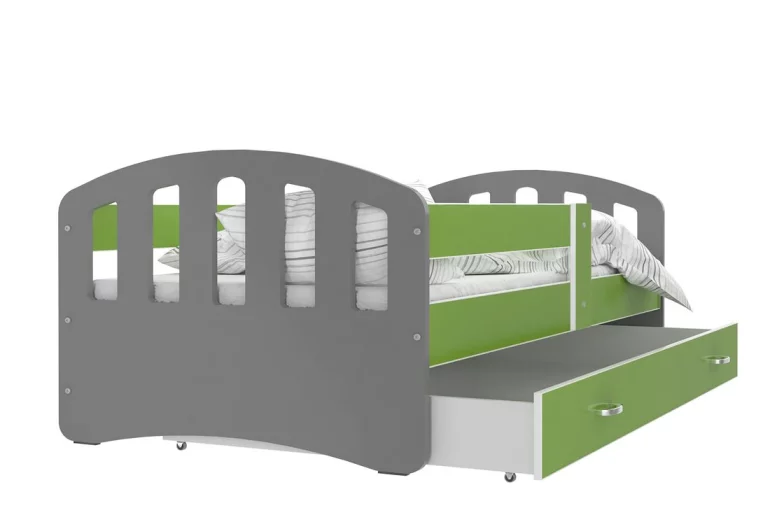 Dětská postel ŠTÍSTKO barevná + matrace + rošt ZDARMA, 140x80, šedá/zelená