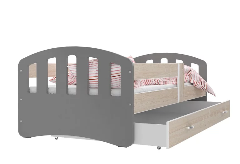 Dětská postel ŠTÍSTKO barevná + matrace + rošt ZDARMA, 140x80, šedá/dub Sonoma