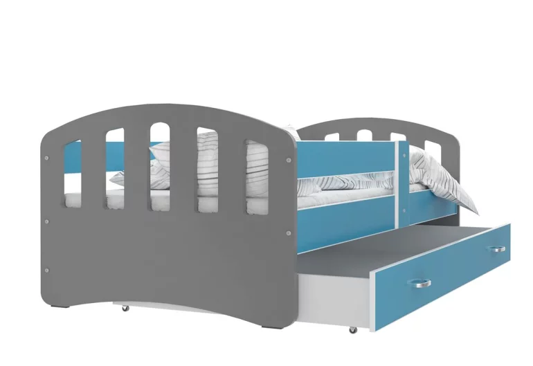 Dětská postel ŠTÍSTKO barevná + matrace + rošt ZDARMA, 160x80, šedá/modrá