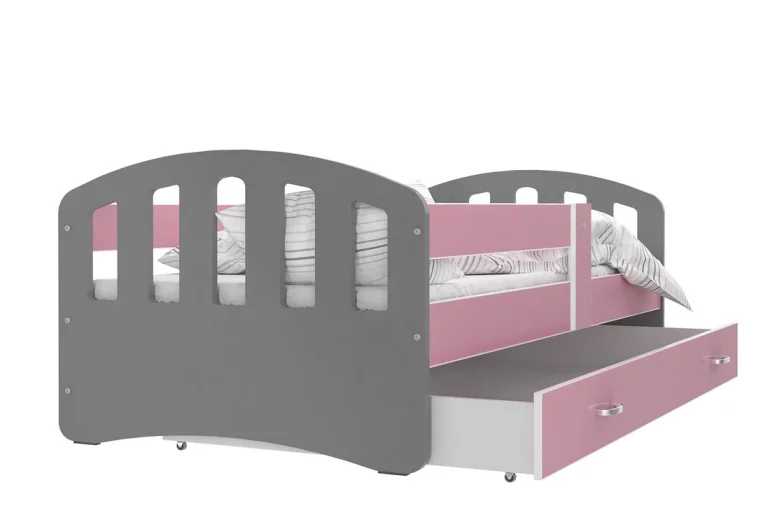 Dětská postel ŠTÍSTKO barevná + matrace + rošt ZDARMA, 160x80, šedá/růžová