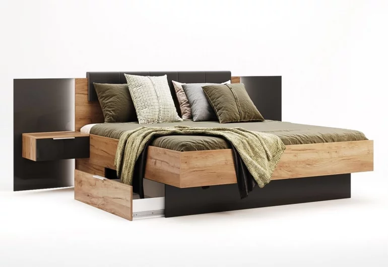 Двойно легло DOTA + решетка и табла с нощни шкафчета, 180x200, дъб Крафт/сиво