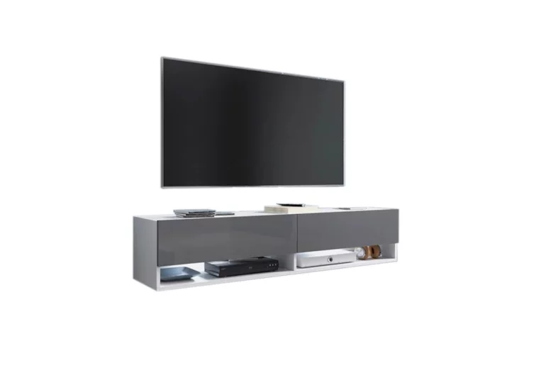 ТВ шкаф MENDES A 140, 140x30x32, бяло/сиво гланц, без LED осветление