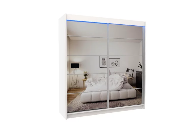 Шкаф с плъзгащи врати и огледало MARISA, бяло, 200x216x61