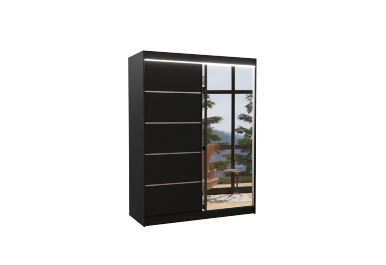 Гардероб с плъзгащи врати с огледало LIMBA, 150x200x58, черен + LED